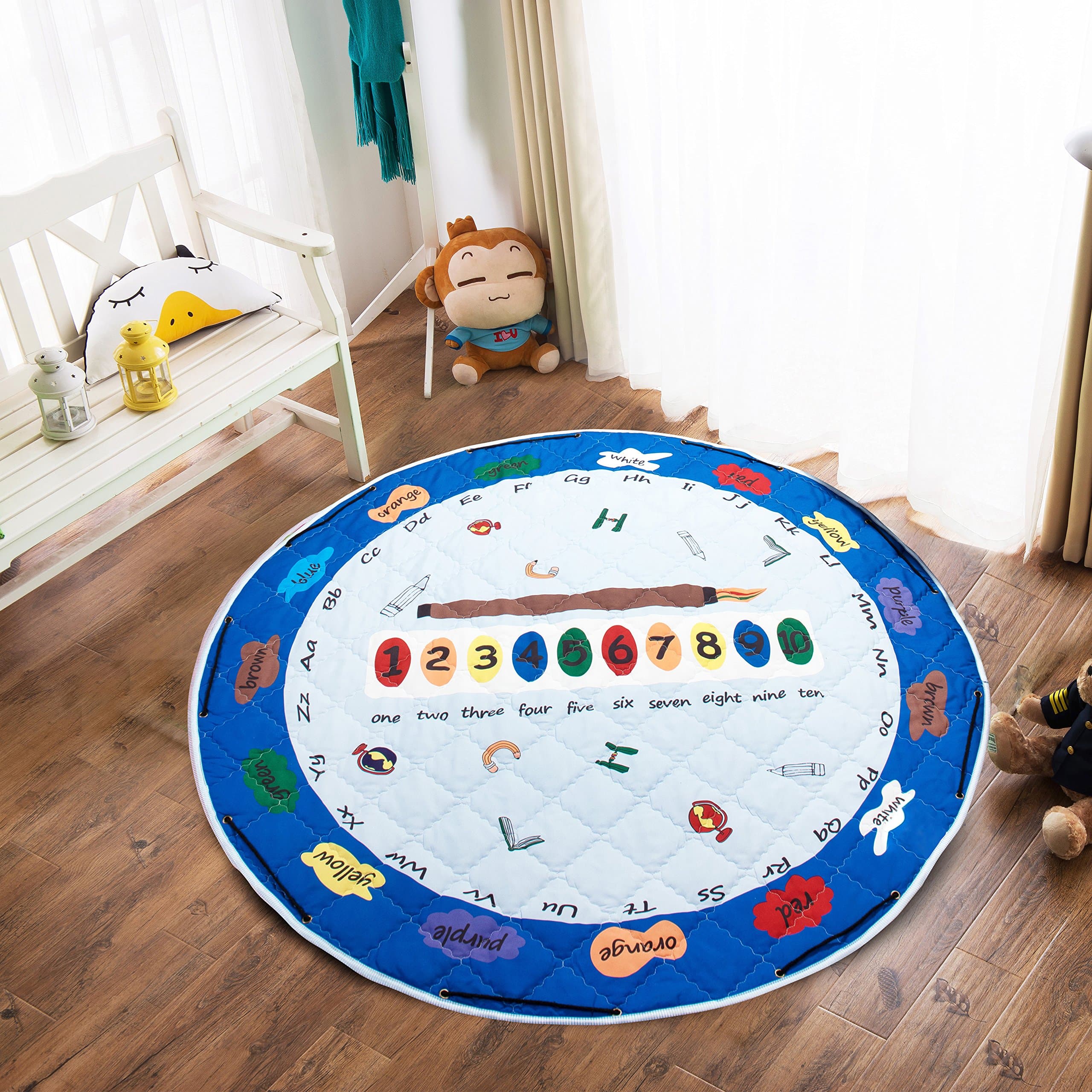 SOHO LifeStyle Fun Kids 60” Diameter Round Quilted Portable Drawstring Children's Play Mat, First Day in School