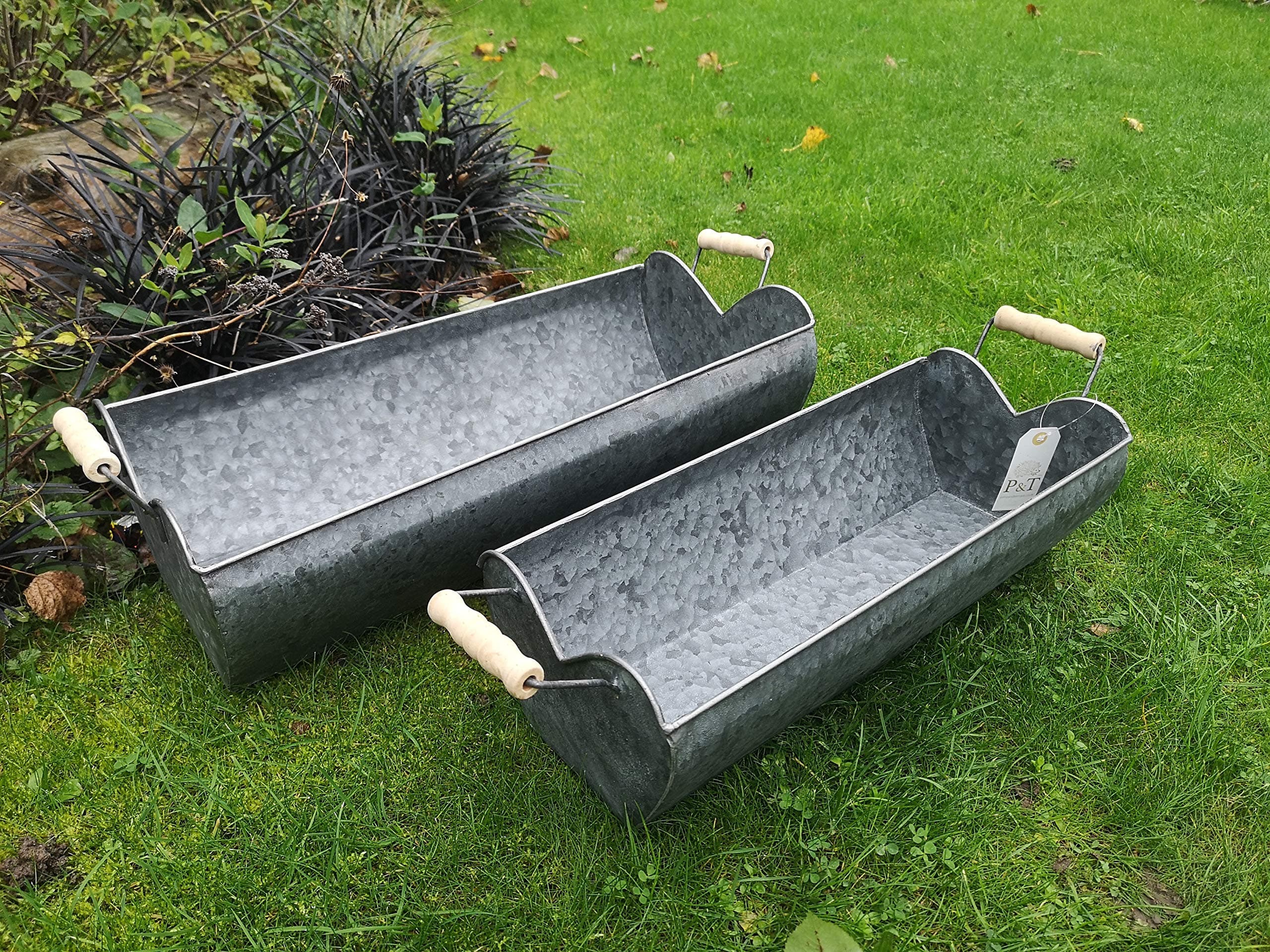 Patio and terrace Pair Of Heart Trough Vintage Grey Zinc Galvanised Metal Garden Planter Flower Pot/Tub