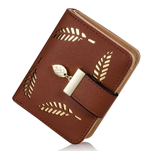 Women's short Leaf Bifold Wallet Leather Hollow Card Holder Purse Clutch Handbag (Coffee)