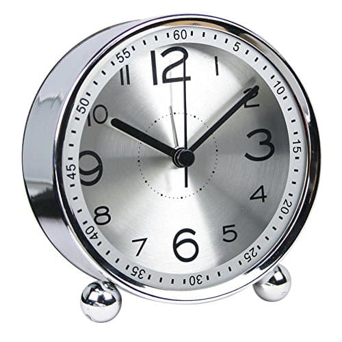 Desk Clock, 4" Silent Non Ticking Metal Battery Operated Round Quiet Home/School Alarm Clock (Silver)
