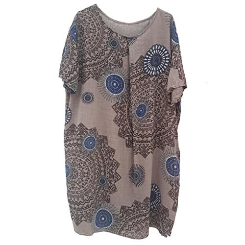 Wolfairy Women's Plus Size Top Blouse Italian Summer Aztec Cotton Boho Beach Tunic Kaftan Dress Beige 18