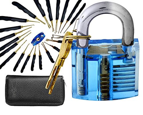 24 Piece Lock Pick Set With Transparent Lock By Cofif Practice Padlock For Beginners & Pro Locksmiths Lock Picking Tool Kit + E-Guide +Repair Tools