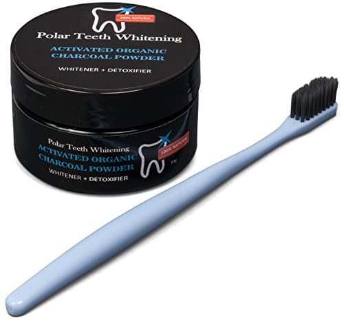 Polar Teeth Whitening Charcoal Powder with Free Charcoal Toothbrush - Organic Activated Coconut Charcoal - Whitens Teeth, Freshens Breath, Detoxes Naturally- Gluten Free, Vegan, Kosher