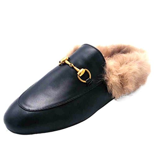 ENMAYER Women's Black Retro Fashion Loafers Round Toe Slip on Flat Outdoor Slippers with Furry and Buckle