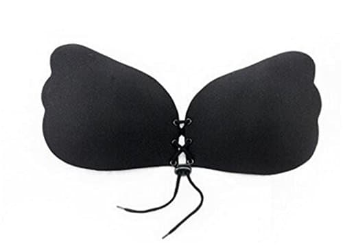 Naomiky Lace up Self Adhesive Invisible Strapless Push up Bra Top Stick Gel Sexy Deep V Fly Bras for Women Black A