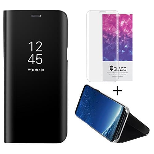 Hanglong Clear View Standing Cover Flip Case For Samsung Galaxy S8 (With One Tempered Glass Screen Protector)-Black