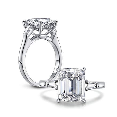 Erllo Emerald Cut Ring Baguette 3 Stones 4 Carat Cubic Zirconia CZ Engagement Sterling Silver Band Jewelry