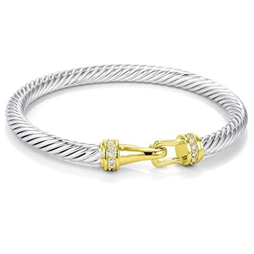 Platinum Plated Twisted Cable Cubic Zirconia Anchor Shackles Bangle Bracelet for Women (Tutone)