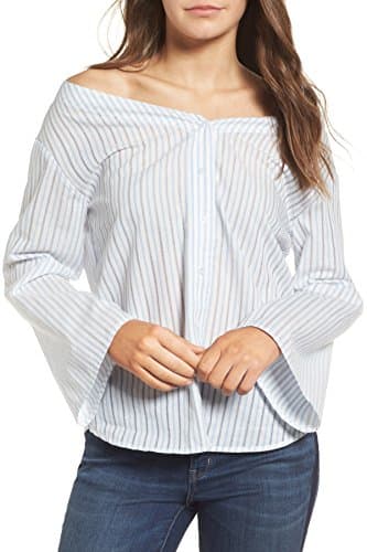 Treasure and Bond Stripe Off The Shoulder Shirt For Women In White Dobby Stripe