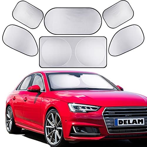 DELAM Car Window Sunshade For Car Windshield / Rear / Side Window Universal Fit Car Shade (6 PCS + 12 Suctions) With Folding Silver Reflective UV Protection For Baby