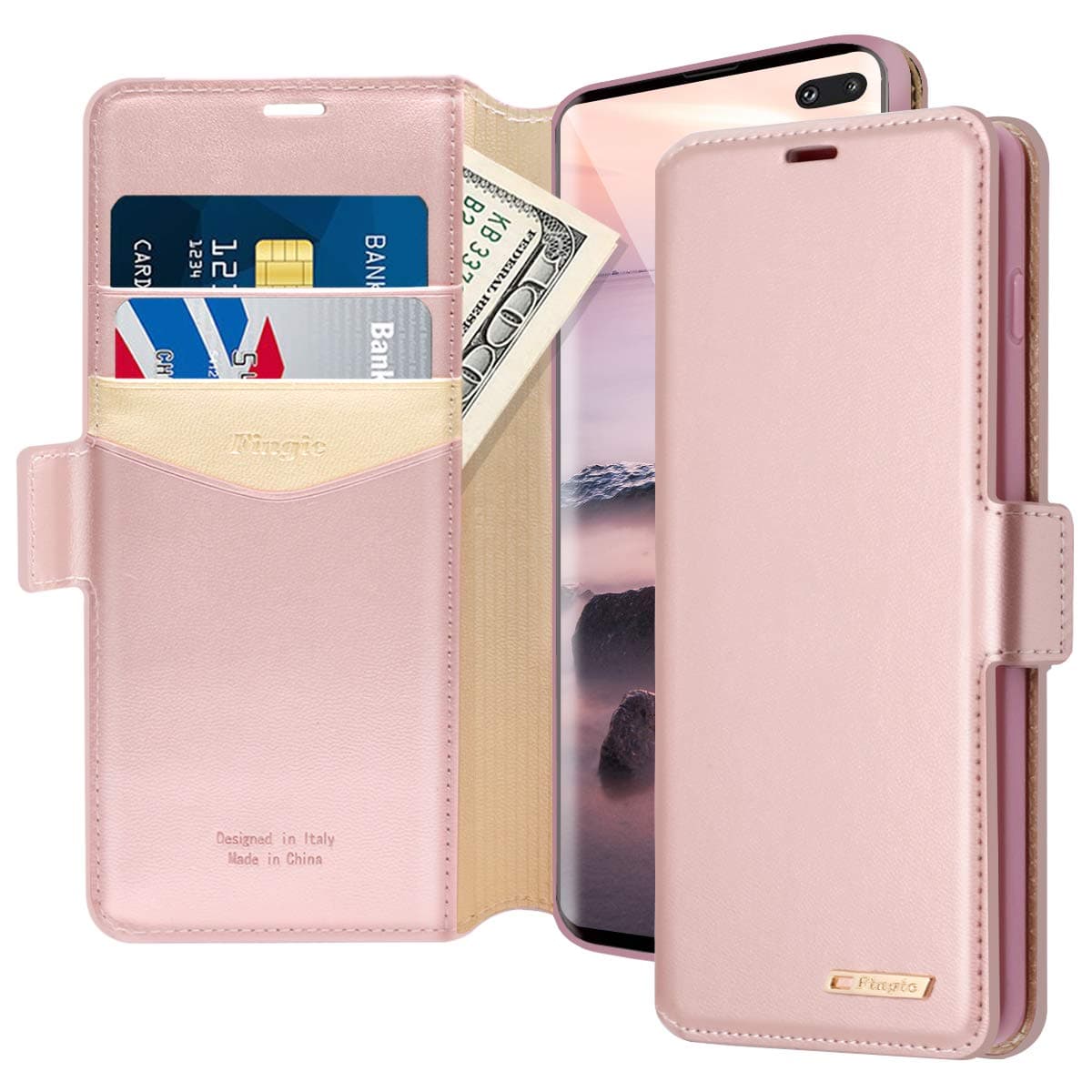 Fingic Galaxy S10 Plus Case,Samsung Galaxy S10 Plus Case PU Leather Wallet Case 2 ID & Credit Cards Slots Holder Side Pocket Kickstand Feature Flip Case Cover Galaxy S10 Plus 6.4''- Rose Gold