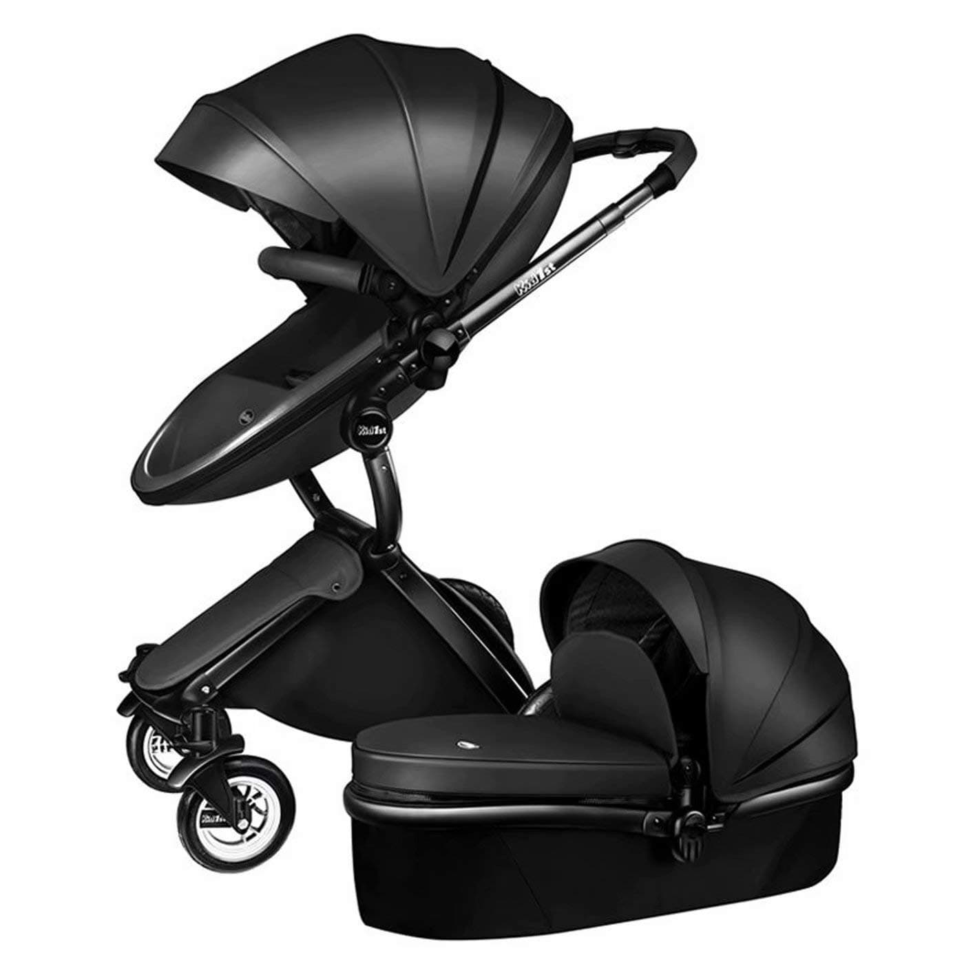 Hot Mom Pushchair 2 in 1 Leather Two-Way High Landscape Shock Absorbers Can Sit Lie Stroller Trolley 360 Degree Rotation (Black)