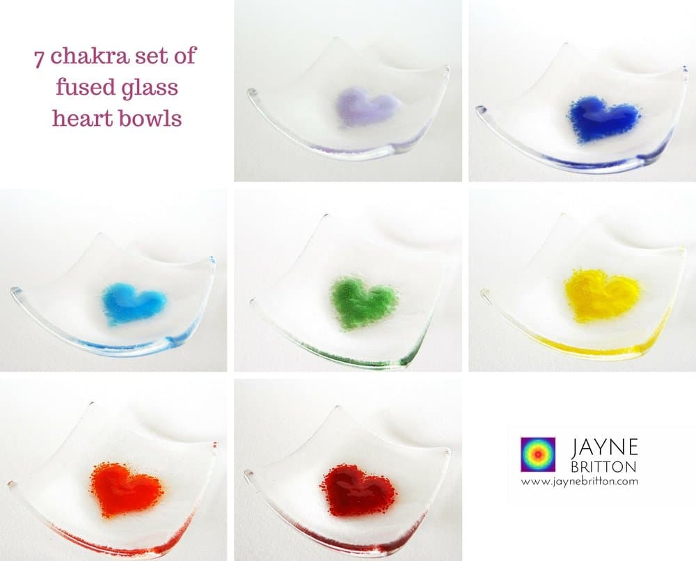 Set of 7 fused glass heart bowls, seven chakras, rainbow set, altar offering bowls, hearts