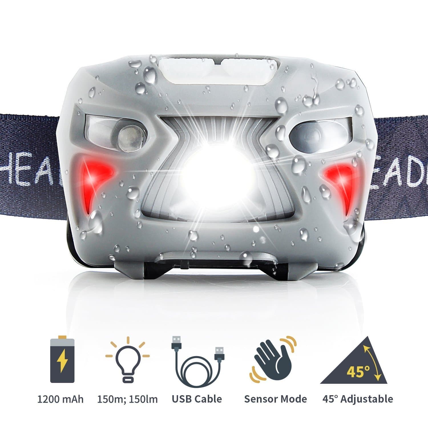 Head Torch, Auwod 150 Lumen Rechargeable LED Headlamp with Red Lights, Multiple Lighting Patterns & Motion Detection Switch, Waterproof for Running, Camping, Fishing, Cycling, Hiking