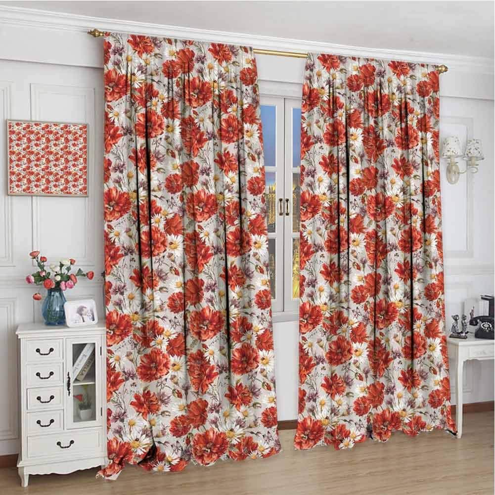 wonderr curtains for girls room W72 x L96 Inch,Blackout curtains for Bedroom,House Decor,Blooming Poppies Ladybird Bumblebee Bee and Butterflies Summer Joyful Art,