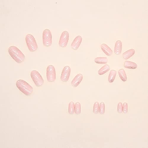 MISUD Press on Nails - Short Oval Fake Nails with Bling Glitter, Acrylic Pink Design 24 pcs