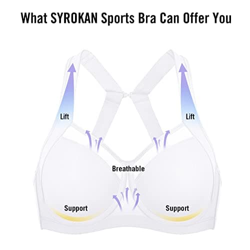 SYROKAN Women's High Impact Sports Bra Support Underwire Unlined Mesh Adjustable Racerback Bra White - A217A 34D