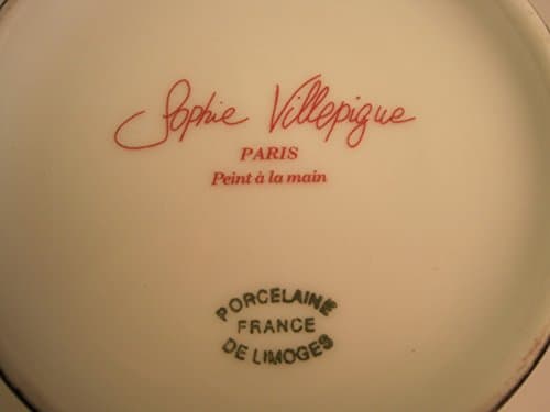 Tea Set, (Teapot, Creamer, Sugar Bowl and Tray), 4 Pieces, Limoges Porcelain France, Hand-Painted Artist: Sophie Villepigue