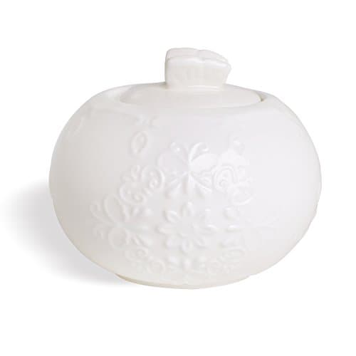 Sugar Bowl with Lid 8.5-Ounce, Porcelain White Carved Butterfly and Flower