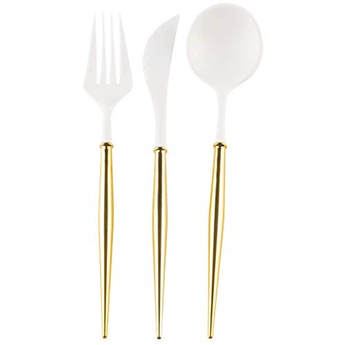 Sophistiplate Bella Flatware Cutlery Set for 12 | Fork, Spoons & Knives Silverware Utensil Set | Reusable Dinnerware Sets Plastic & Top Rack Dishwasher Safe | White with Gold Handle 36 Count