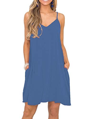 MISFAY Women's Summer Spaghetti Strap Casual Swing Tank Beach Cover Up Dress with Pockets (S, Beja Blue)