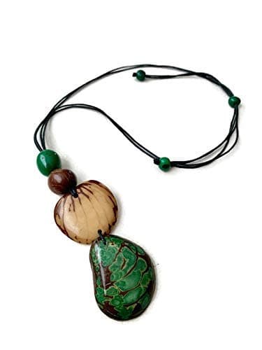 Tagua necklace in green, beige and brown, adjustable, Organic Jewelry TAG597