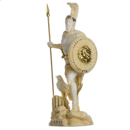 BEAUTIFUL GREEK STATUES Ares Mars God of War Zeus Son Roman Statue Alabaster Gold Tone 6.3"