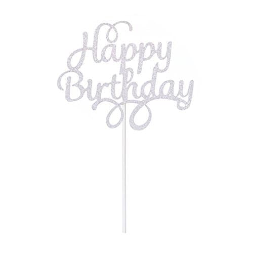 Happy Birthday Cake Topper Glitter Party Event Decorations Silver 2 pcs