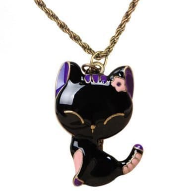 Shop4Jewelry365(TM) Vintage Glazed Lady Cat Pendant Long Chain Necklace-Black Pink&Purple