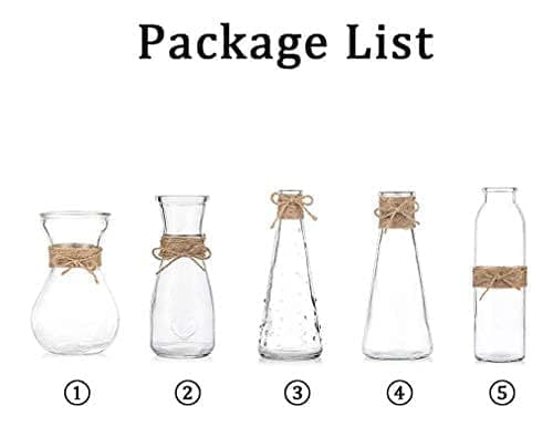 Glass Vases Set of 5, Clear Glass Flower Vase with Rope Design and Differing Unique Shapes for Home Decoration Wedding Reception Bridal Shower Party Anniversary