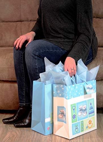 BagLove Gift Bag Set with Tissue Paper Included, Baby Boy, Large, 2 Pack, Blue