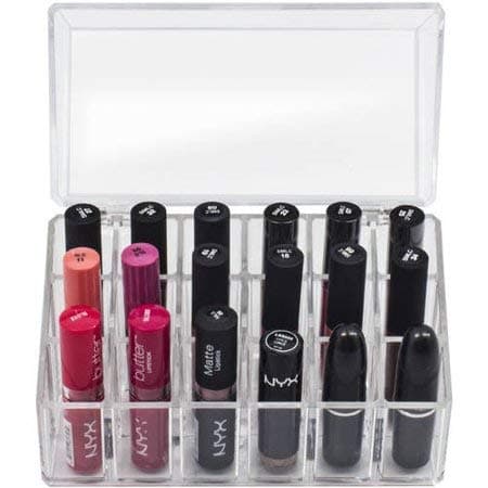 MeRaYo 18 Compartments Acrylic Cosmetic Makeup Lipstick Organizer Display Stand with Dust Proof Lid Holder Storage Box for Dressing Table & Travelling