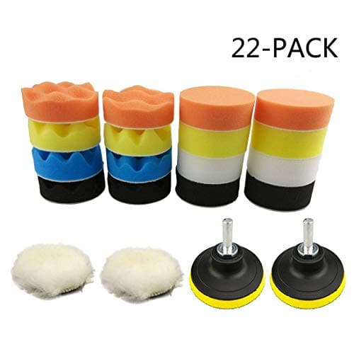 BaiFM Compound Drill Buffing Sponge Pads,Car Foam Drill Polishing Pad Kits 22pcs 3"/80mm for Car Polishing, Waxing, Sealing Glaze (16 Polishing Pads+2pcs Drill Adapter+2pcs Woolen Buffer+2pcs Suction