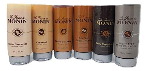 Monin Sauce variety pack All 6 Flavors Dark Chocolate, White Chocolate, Dulce de Leche, Caramel, Sugar Free Chococolate and Sea Salt Toffee Non GMO Shelf Stable 12 oz bottles