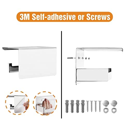 HITSLAM Chrome Toilet Paper Holder, Stick on Toilet Paper Holder with Shelf, Self Adhesive Modern Toilet Paper Holder or Wall-Mount Tissue Roll Holder with Storage Shelf with Screws for Bathroom