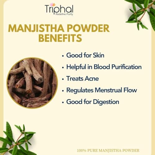 - TRIPHAL Manjistha Powder 100g | 100% Pure & Edible Grade Manjishtha | Ayurvedic Skin Cleanser for Glowing Skin | Helps with Acne, Rashes & Detox | Non-GMO, Preservative-Free