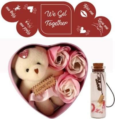 Lata Heart Shape Box with Flowers, Message Bottle and Cute Teddy (Multi-Color, Combo of 3)