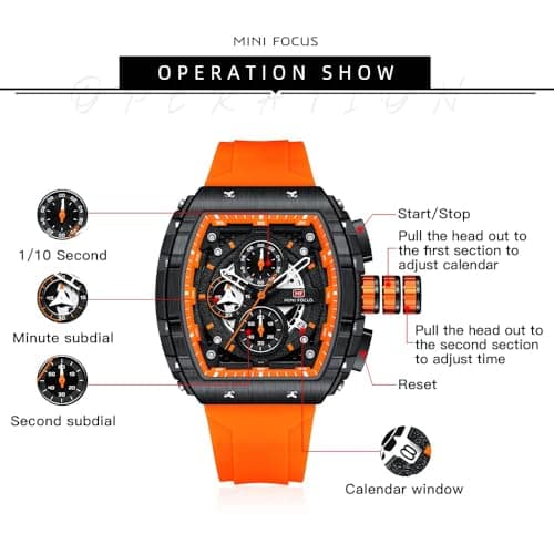 Mini Focus Men's Watches Fashion Sport Watch (Chronograph/Waterproof/Luminous/Calendar) Silicone Strap Quartz Watch for Men, orange_black, Classic