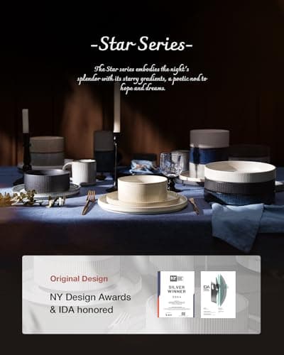 famiware Star 8.25" Pasta Bowls, Large Dinner Bowls Set of 4, Salad Bowl Plates, Shallow Bowls for Eating, Smoky Blue