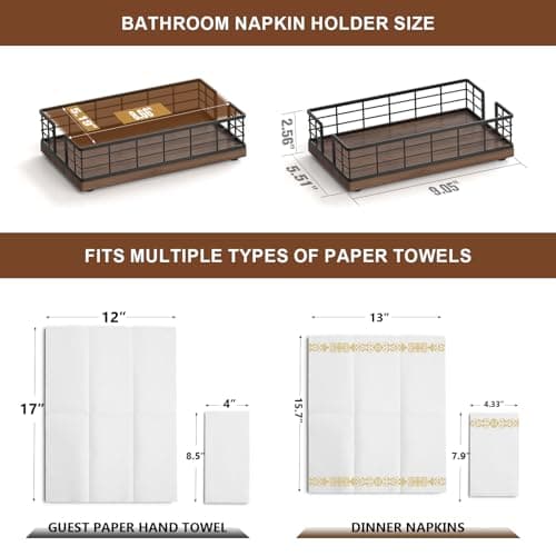 Wican Guest Towel Holder Tray for Bathroom, Oak and Iron Napkins Holder for Powder Room Dinning Table Wooden Basket for Disposable Paper Hand Towels Black & Walnut