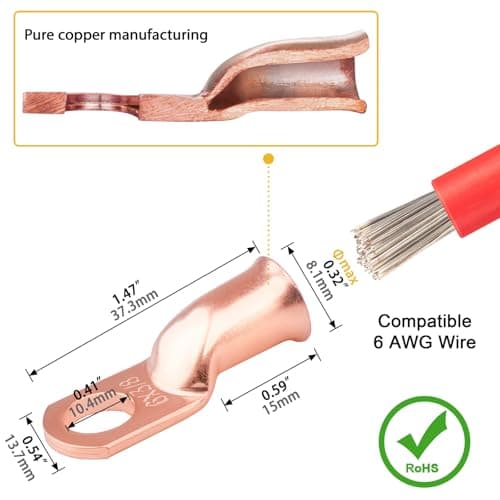 Sanuke 6 AWG - 3/8" Battery Terminal Connectors, Copper Wire Lugs Assortment Battery Cable Ends with 3:1 Heat Shrink Tubing