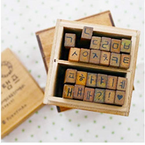 Korean Alphabet Hangul (Heart Set) Rubber Stamp Letters 한글 스탬프 Characters Wooden Box Vintage Antique Finish - DIY