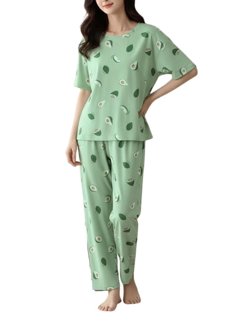 Women’s Korean Style Night Suit Set | Cotton Half Sleeve Top & Pyjama Set | Round Neck Printed Nightsuit | Comfortable Nightwear & Loungewear for Women