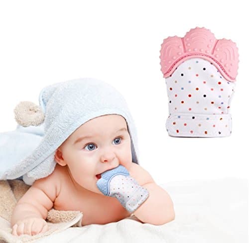 Teething Mitten, Sinhanker Self Soothing Silicone Teether Glove for 3M-18M Babies,Sensory Crinkle Chew Toy Mitt with Velcro Straps for Infants and Toddlers(Pink)