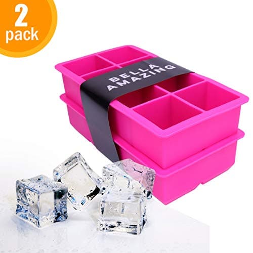 Bella Ice Cube Molds & Trays- Set of 2 Silicone Extra Large Ice Mold Trays for 8 Square Ice Cubes each. 2 Inch Jumbo Cavity Ice Cubes, Pink