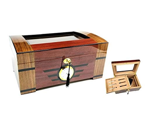 HumidiCup® Glass Top Humidor CD03R Lined with Cedar, with a Cedar Tray, Humidifier, Hygrometer, Hold up to 100 Cigars, Well Sealed