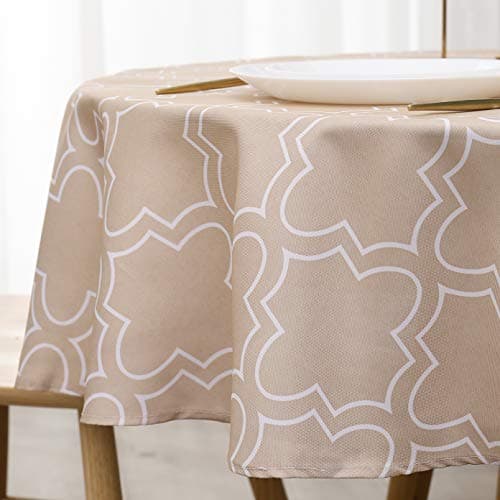 AooHome 60 Inch Round Geometric Tablecloth, Polyester Spill-Proof Water Repellent Geometric Quatrefoil Table Cloth for Holiday Party, Gathering, Machine Washable, Heavy Weight, Khaki