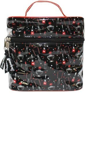 Black"Vintage Beauty" with Lipstick, Nail Polish, Perfume, and Mirror Pattern with Red Handle Train Case from Sourpuss Clothing