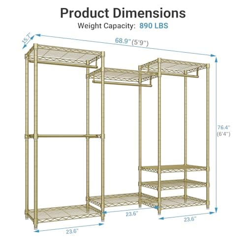 VIPEK V5 ポータブルクローゼットワードローブ 高耐久 衣類ラック 自立式 金属製衣類ラック カスタムクローゼットラック 調節可能な棚8個付き 長さ69インチ x 幅15.7インチ 高さ76.4インチ 最大荷重900ポンド ゴールド