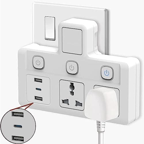 OLKIEQZ Tycom Power Adapter Multi Plug Extension, Extender Wall Charger Socket 3 Way Multiple Electrical Outlet Adaptor, Charging Station for Home, Office (2 Way + 2 USB+1Type C)